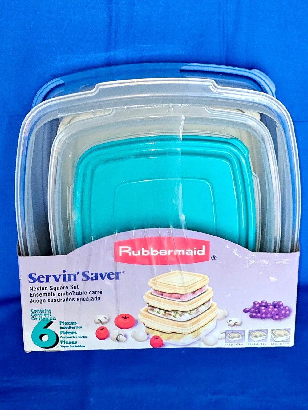 VTG Rubbermaid Servin Saver Nested Square Set NEW Blue Teal Almond 6pc Storage